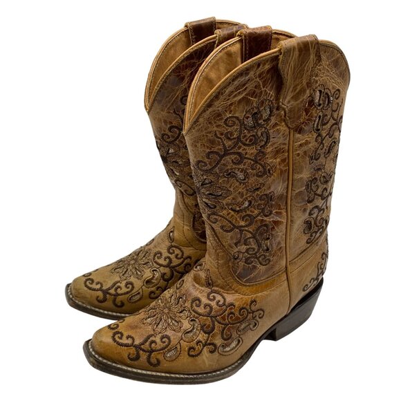 Jar Boot's Made in Mexico Tan Leather Cut-Out/Embroidery Snip Toe boots Girl 1 - Picture 1 of 14